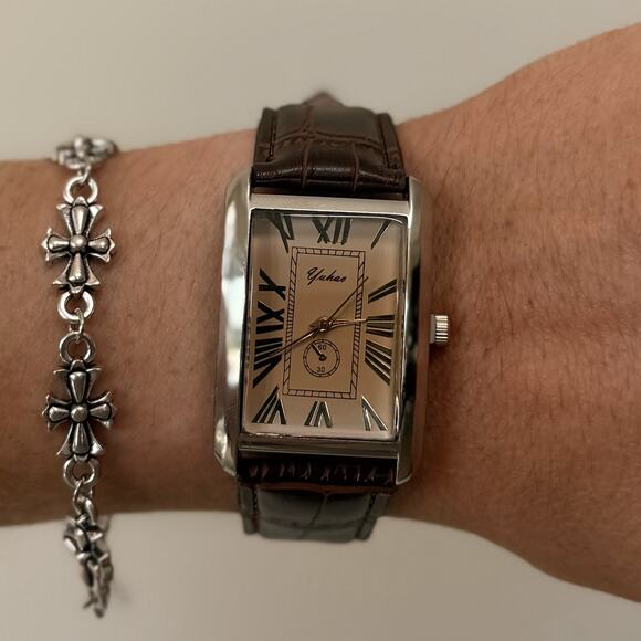 Y2K Silver Brown Leather Quartz Watch with Roman Dial Unisex 8.5" New - Picture 3 of 8